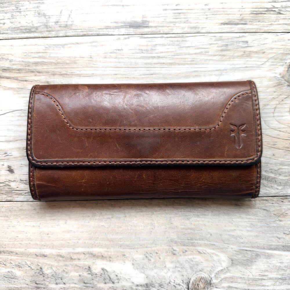 Vintage Frye Brown Leather Long Wallet Bifold Snap Organizer Card Holder Rustic